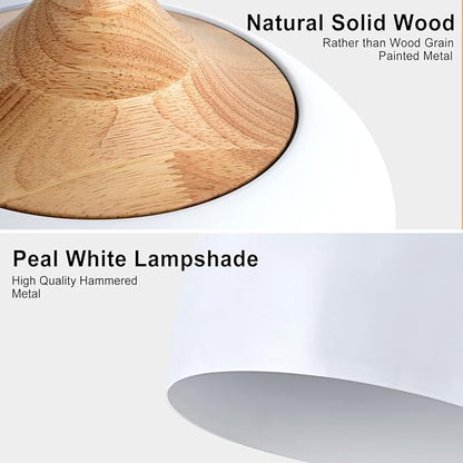Modern Solid Wood Pendant Light,Ceiling Hanging Lamp with Dome Metal Shade,Adjustable Light Fixture for Kitchen Island,Dining Room- White