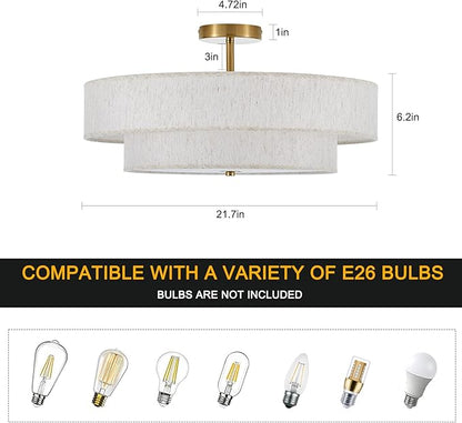 Modern Semi Flush Mount Ceiling Light 21.7" Modern Gold 4-Lights Drum Ceiling Lighting Fixture Vintage Linen Golden Ceiling Lamp for Laundry Room, Kitchen, Living Room, Dining Room, Bedroom