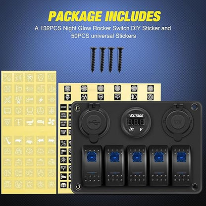 Nilight 5 Gang Rocker Switch Panel Pre-Wired Aluminum with PD Type C and USB Cigarette Lighter Socket Voltmeter 12V 24V ON Off Toggle Switches for Car Trucks Boats RVs