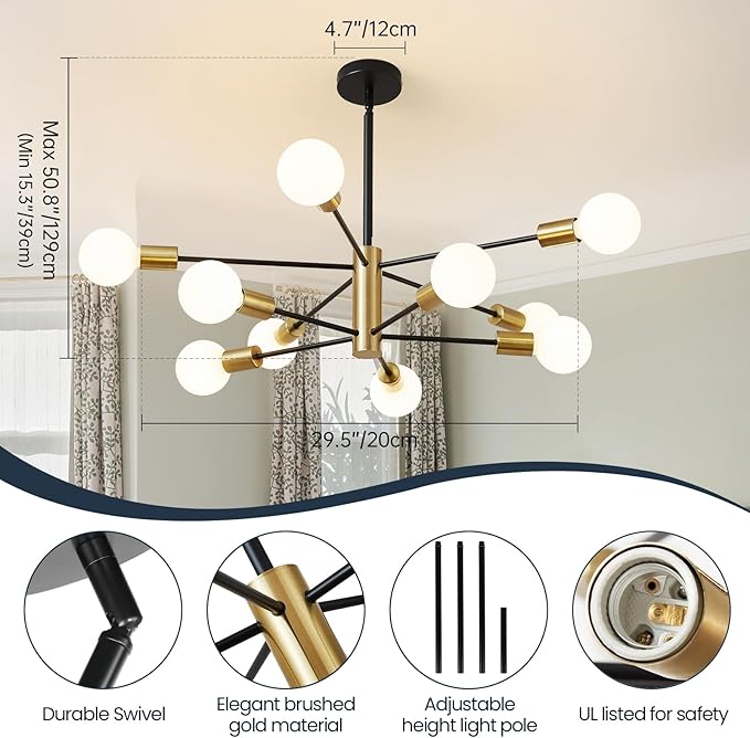 Sputnik Chandeliers Modern Black and Gold Chandeliers 10-Light Mid Century Farmhouse Chandelier Ceiling Light Fixture Height Adustable Pendant Light for Kitchen Island Living Room Dining Room