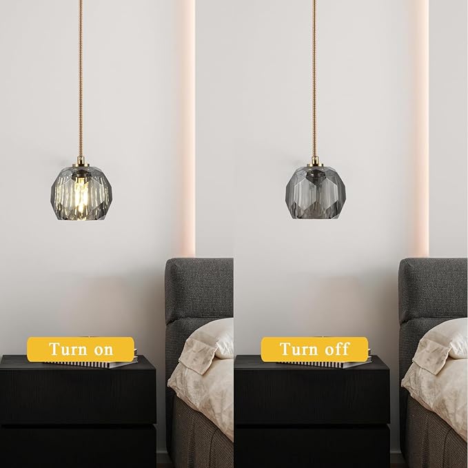 Modern Farmhouse Pendant Lights, Brass Smoke Crystal Hanging Lamp, Small 1 Light Raindrop Chanadelier for Bedroom Dining Room Kitchen Island Entryway Living Room