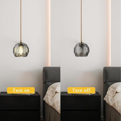 Modern Farmhouse Pendant Lights, Brass Smoke Crystal Hanging Lamp, Small 1 Light Raindrop Chanadelier for Bedroom Dining Room Kitchen Island Entryway Living Room