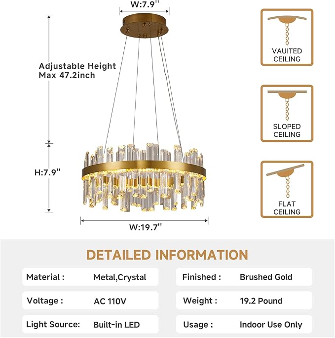 Modern Gold Crystal Led Chandelier: 19.7" Dimmable 3 Color Round Contemporary Dining Room Light Fixture over Table - K9 Adjustable Chandeliers Lighting for Bedroom Living Kitchen Island Entryway Foyer