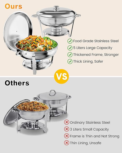 GarveeHome Chafing Dish Buffet Set 2 Pack, 5 QT Round Stainless Steel Chafer and Food Warmers With Food & Water Pan, Lid, Frame, Fuel Holder for Catering, Parties, Events, Wedding, Camping, Dinner