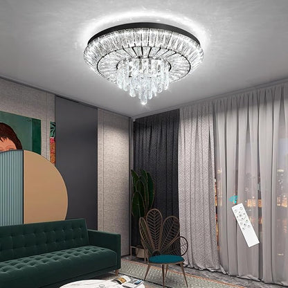 Crystal Chandelier 40W Modern Round Ceiling Light Fixture LED Raindrop Chandeliers Dimmable with Remote for Dining Room Living Room Entryway Hallway Bedroom Black