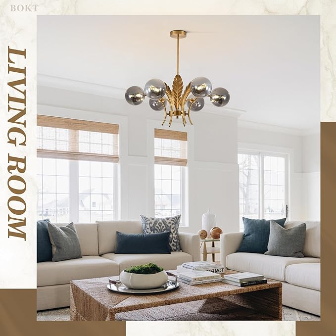 BOKT Gold Sputnik Chandelier Mid Century Smoky Gray Glass Chandelier Light Leaf 6-Light Adjustable Ceiling Hanging Light Fixture Globe LED Pendant Lighting for Kitchen Living Room Hallway Bedroom