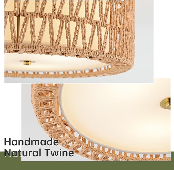 Boho Rattan Ceiling Light 15.7" Flush Mount Ceiling Light 3-Light Rattan Light Fixture, Bohemian Semi Flush Mount Ceiling Light Bedroom Ceiling Light for Dining Room Hallway Entryway Foyer