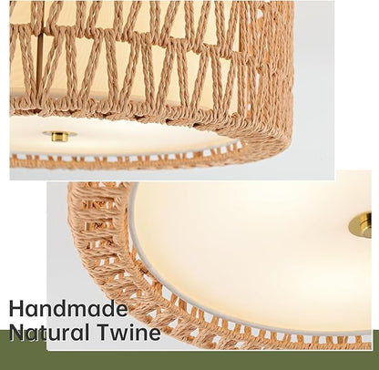 Boho Rattan Ceiling Light 15.7" Flush Mount Ceiling Light 3-Light Rattan Light Fixture, Bohemian Semi Flush Mount Ceiling Light Bedroom Ceiling Light for Dining Room Hallway Entryway Foyer