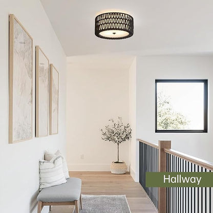 Boho Black Ceiling Light Fixtures 2-Light Rattan Flush Mount Ceiling Light, 12.6" Modern Light Fixture Close to Ceiling Light for Bedroom Nursery Foyer Hallway Entryway Kids Room