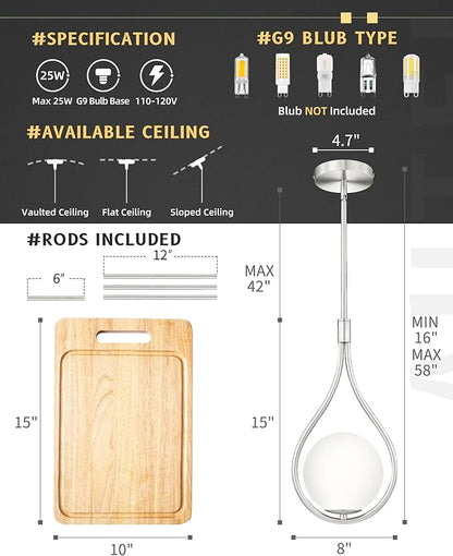 Autelo 2 Pack Pendant Lights Kitchen Island, 1-Light Pendant Lights in Brushed Nickel Finish with Milky White Globe Glass, Nickel Pendant Light Fixtures, Hanging Lamp for Kitchen Island H9377 MGST-2PK