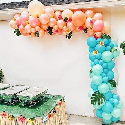 Aqua Blue Coral Pearl Balloon Garland Arch Kit,Coral Pearl Champagne Gold Teal Confetti Balloons Garland Kit for Summer Hibiscus Stickers for Tropical Hawaii Magic Theme Party Supplies