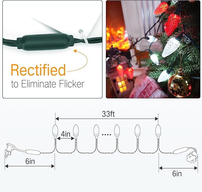 Brizled Red & White Christmas Lights, 33ft 50 LED Faceted C9 String Lights Outdoor, Linkable Christmas Tree Light, UL Certified Indoor Xmas Light Waterproof for House Roof Xmas Valentine's Day Party