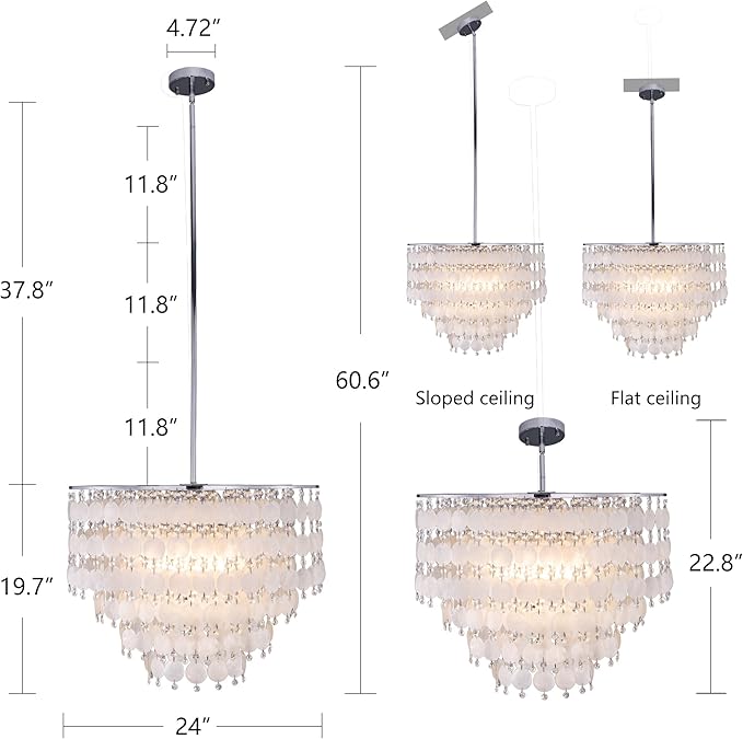 TOCHIC Modern Capiz Shell Crystal Chandelier 6-Light Chrome Coastal Chandelier for Living Dining Room Bedroom Nuture Seashell Boho Semi Flush Mount Ceiling Light Fixture for Kitchen Island Foyer