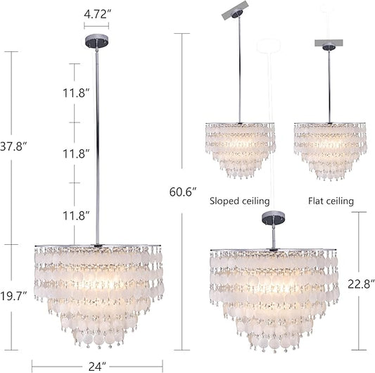 TOCHIC Modern Capiz Shell Crystal Chandelier 6-Light Chrome Coastal Chandelier for Living Dining Room Bedroom Nuture Seashell Boho Semi Flush Mount Ceiling Light Fixture for Kitchen Island Foyer