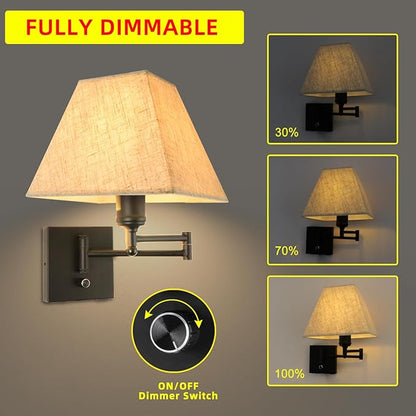 13" Modern Swing Arm Wall Lamp Plug in Wall Sconce with USB and Type-C Port Wall Mounted Lamp with Dimmable Switch Black Wall Sconce Beige Fabric Shade Suitable for Hallway Bedroom Living Room