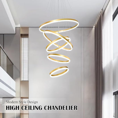 5 Rings Pendant Lights Modern Gold Led Chandelier Gold Modern Led Pendant Light Dimmable Height Adjustable Chandeliers for Dining Room Bedroom Entryway Living Room Foyer (3000K-6000K)
