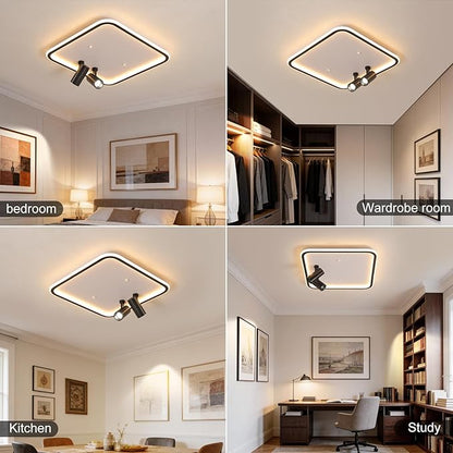 Shine LUEST Modern Square LED Flush Mount Ceiling Light Fixture, 2 Adjustable Spotlights, Black Frame White Shade Minimalist Lighting for Living Room Bedroom Kitchen