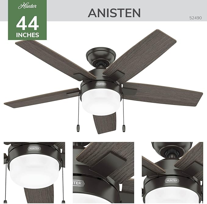 Hunter Ceiling Fan with LED Light - Black Ceiling Fan with Pull Chain, For Bedroom or Living Room, Standard Mount, No Remote, 5 Blades, Includes Bulbs - Anisten (Noble Bronze, 44 inch)