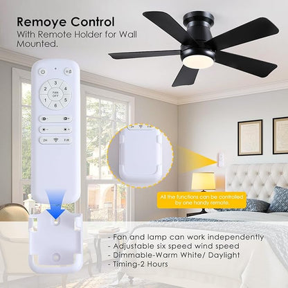 Ceiling Fan with Light, 40" Black Flush Mount Ceiling Fans with Remote Control,3CCT Dimmable LED, ABS 5-Fan Blades,Reversible Motor,Quiet Low Profile Indoor fandeliers for Bedroom Living Room
