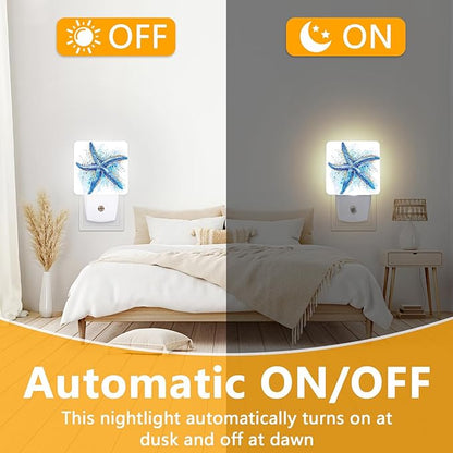Watercolor Starfish Night Light, Plug-into Sea Beach Nightlight White LED Lamp, Energy Efficient Decor Desk Lamp for Bedroom Hallway Stairs Bathroom