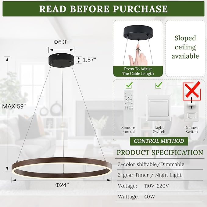 LED Ring Chandelier Walnut Wood Chandelier 24in Dimmable Round Foyer Chandeliers Light Modern Circular Chandeliers Wood-Printed Adjustable Pendant Light Fixture for Dining Room Entry Bedroom Office