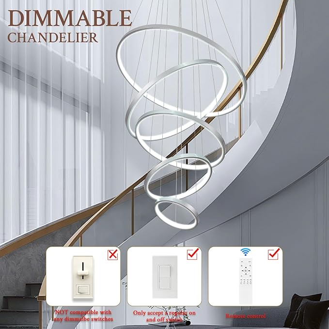 5 Ring Modern LED Chandelier Dimmable Silver High Ceiling Chandeliers for Foyer, LED Contemporary Large Pendant Lighting with Remote Control Circular for Living Room Staircase, 3000K-6500K