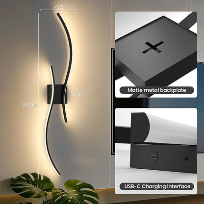 Battery Operated Wall Sconces Set of Two, 10000mAh Rechargeable Modern Wall Lights with Remote Control, Dimmable Black LED Cordless Lighting for Living Room, Bedroom, Hallway, 39.4 Inch, 3CCT