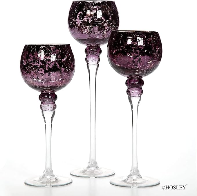 Hosley Set of 3 Crackle Purple Glass Tealight Holders 12 Inch, 10 Inch, 9 Inch Heights for Captivating Candlelight Ambiance Radiant Elegance