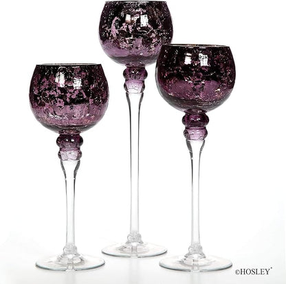 Hosley Set of 3 Crackle Purple Glass Tealight Holders 12 Inch, 10 Inch, 9 Inch Heights for Captivating Candlelight Ambiance Radiant Elegance