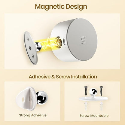 Wall Mounted Lamp LED Wall Lights with Rechargeable Battery Operated, 3 Color Temperatures & 3 Brightness Levels 360°Rotate Magnetic Ball, Cordless Sconces for Reading Bedroom Bedside,White-2 Pack
