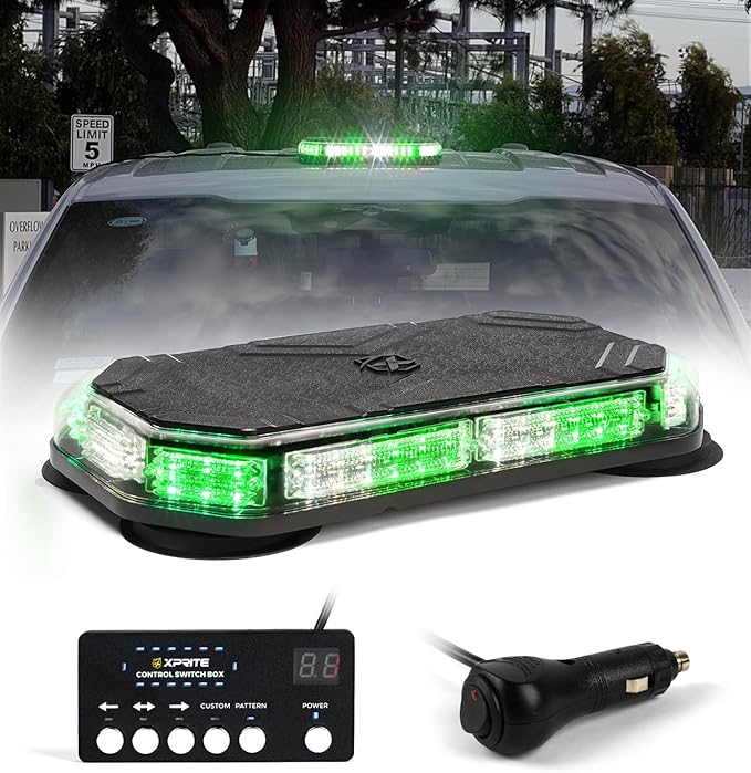 Xprite White Green Rooftop Emergency Strobe Light Bar, Beacon Safety Flashing Warnin Lights w/Control Panel Magnetic Base for Construction Trucks Plows Postal Security Cars