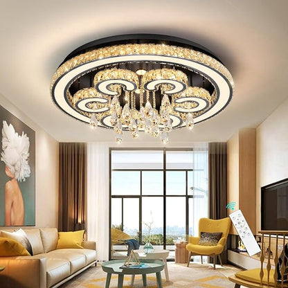 HAIXIANG 32 Inch Glam Chandelier Modern Crystal Luxury Interior Ceiling Light Fixture Remote Dimmable LED Lighting Fixtures for Dining Room Bedroom Living Room Black Light