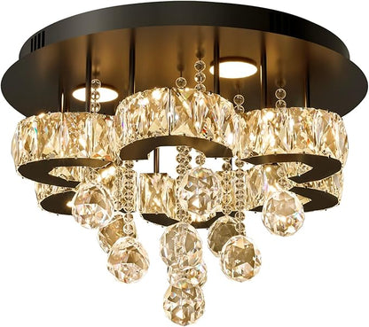 Flashing God 16" Small Crystal Chandelier LED Ceiling Light Fixtures Stainless Steel Flush Mount Ceiling Chandeliers Light for Bedroom,Foyer,Hallway