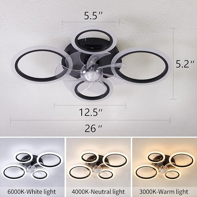 26" Geometric Ceiling Fan with Lights Remote Control, 3 Colors, 6 Speeds, Bladeless, Low Profile for Kitchen, Bedroom