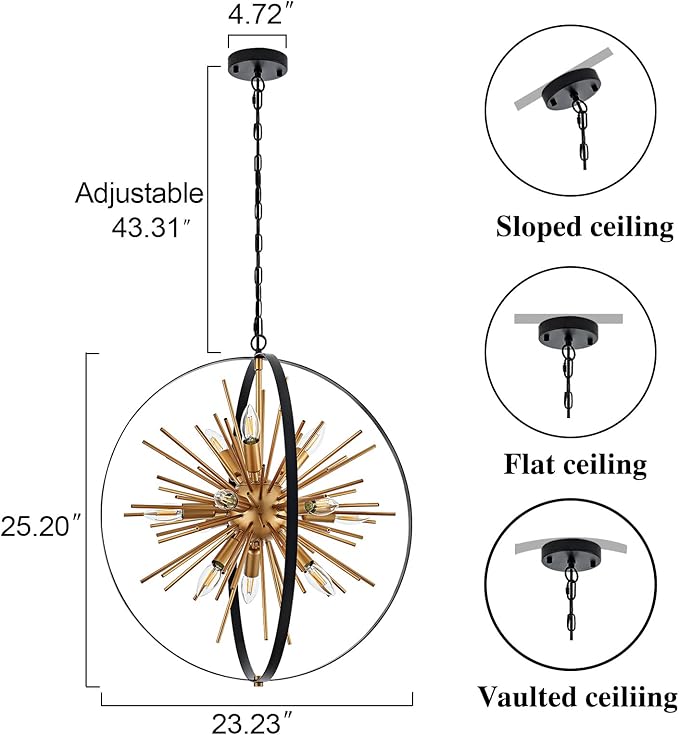 23.2" Black Gold Globe Sputnik Chandelier, 12-Light Mid Century Modern Industrial Starburst Golden Metal Satellite Light Fixture for Entryway Foyer Bedroom Dining Living Room Hallway, E12