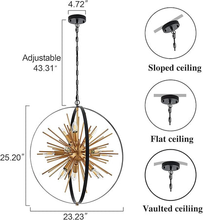 23.2" Black Gold Globe Sputnik Chandelier, 12-Light Mid Century Modern Industrial Starburst Golden Metal Satellite Light Fixture for Entryway Foyer Bedroom Dining Living Room Hallway, E12