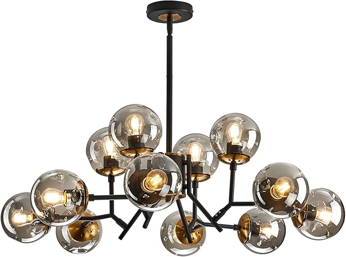 UOFUS 12-Light Glass Globe Sputnik Chandelier Mid-Century Modern Matte Black and Gold Ceiling Light Fixture Vintage Hanging Pendant Light for Bedroom Living Room Kitchen Farmhouse Dining Room