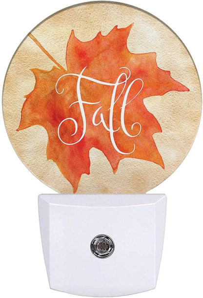 Fall Plug-in Nightlight Watercolor Autumn Maple Leaf Night Light Auto Dusk-to-Dawn Sensor LED Lighting for Bedroom Bathroom Kitchen Home Decor Orange