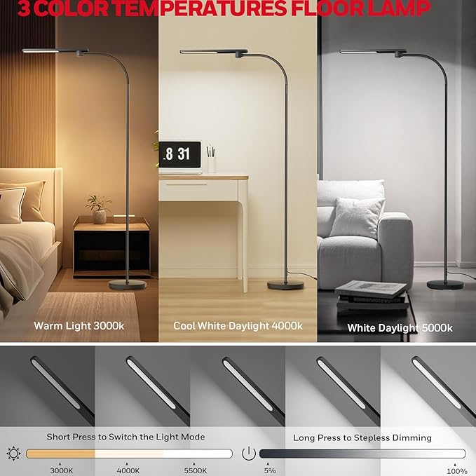 Honeywell LED Floor Lamp with Remote, CRI97 Full Spectrum Eye-Caring Reading Lamp, Stepless Dimmable 3000K-5000K Task Floor Lamp with Flexible Gooseneck for Living Room, Bedroom, Office