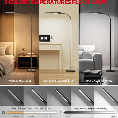 Honeywell LED Floor Lamp with Remote, CRI97 Full Spectrum Eye-Caring Reading Lamp, Stepless Dimmable 3000K-5000K Task Floor Lamp with Flexible Gooseneck for Living Room, Bedroom, Office