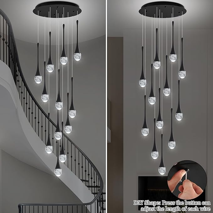 Modern Crystal Staircase Chandelier Black 12-Lights, H120'' Large High Ceiling Spiral Dimmable LED Raindrop Foyer Entryway Light Fixture Remote Control