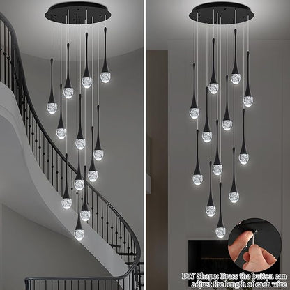 Modern Crystal Staircase Chandelier Black 12-Lights, H120'' Large High Ceiling Spiral Dimmable LED Raindrop Foyer Entryway Light Fixture Remote Control