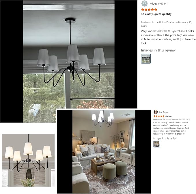 Modern Chandelier for Dining Room, 5-Light Farmhouse Pendat Light Fixture with White Fabric Shade,Black Hanging Light Fixture Over Table Ceiling Chandelier for Bedroom,Living Room,Hallway
