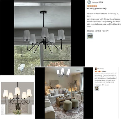 Modern Chandelier for Dining Room, 5-Light Farmhouse Pendat Light Fixture with White Fabric Shade,Black Hanging Light Fixture Over Table Ceiling Chandelier for Bedroom,Living Room,Hallway
