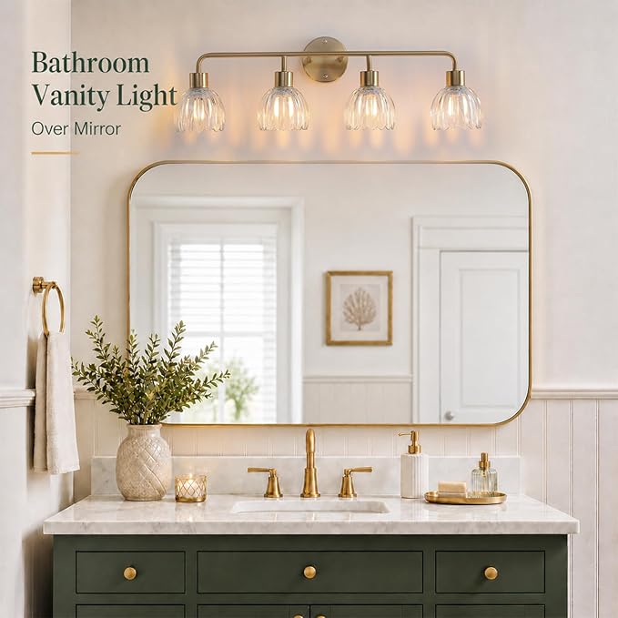 4-Light Gold Brass Bathroom Light Fixture with Clear Tulip Glass Shade,Wall Sconces,Vintage Vanlity Light Over Mirror,Bathroom Wall Light,E26 Socket(Bulbs Not Included) ASIN B0FVG