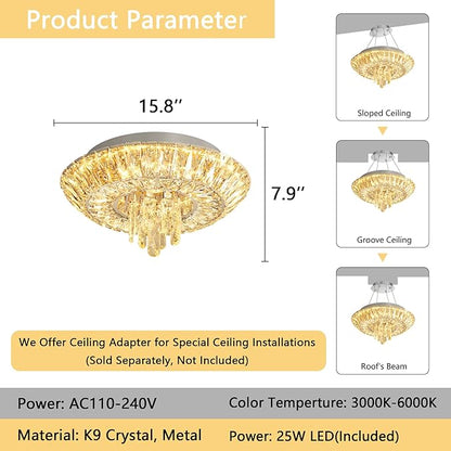 Crystal Chandelier 25W Modern Round Ceiling Light Fixture LED Raindrop Chandeliers Dimmable with Remote for Dining Room Living Room Entryway Hallway Bedroom Silver