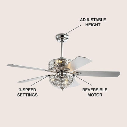 JONATHAN Y 52" Chrome 6-Light Iron and Wood Ceiling Fan, Modern Glam Filigree Dome, 5 Reversible Silver/White Blades, Remote Control, ETL Listed, LED Bulbs Included JYL9602A