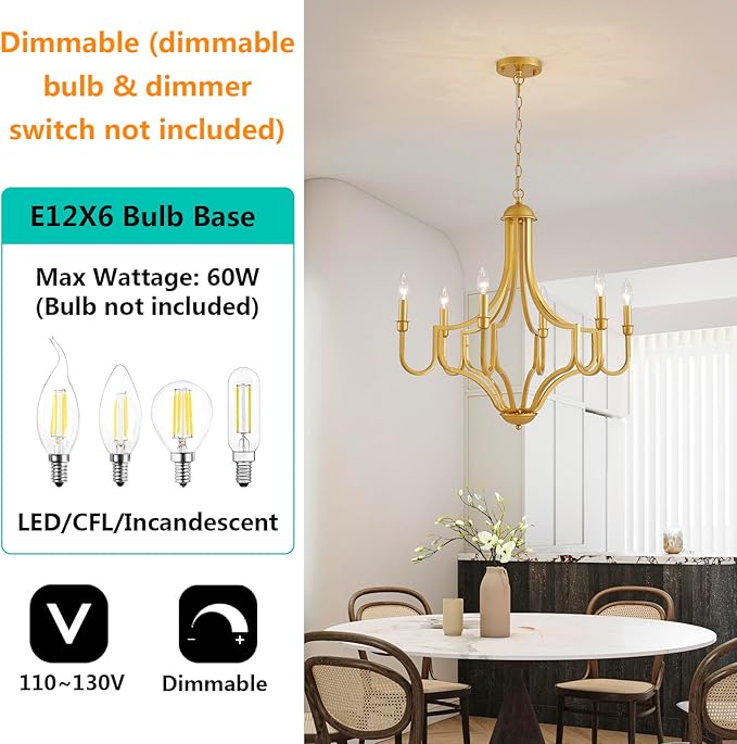 6-Light Maria Theresa Candle Chandelier Gold Ceiling Light Fixture for Dining Room, Living Room, Bedroom, Farmhouse Style, Vintage Antique Design, E12 Socket, D26.4*H28~78.7inch
