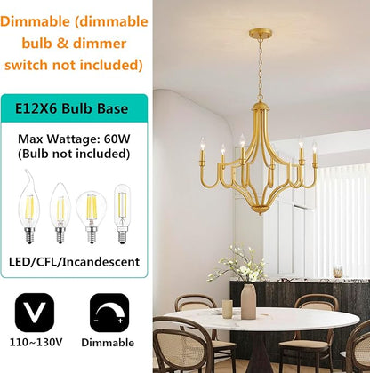 6-Light Maria Theresa Candle Chandelier Gold Ceiling Light Fixture for Dining Room, Living Room, Bedroom, Farmhouse Style, Vintage Antique Design, E12 Socket, D26.4*H28~78.7inch