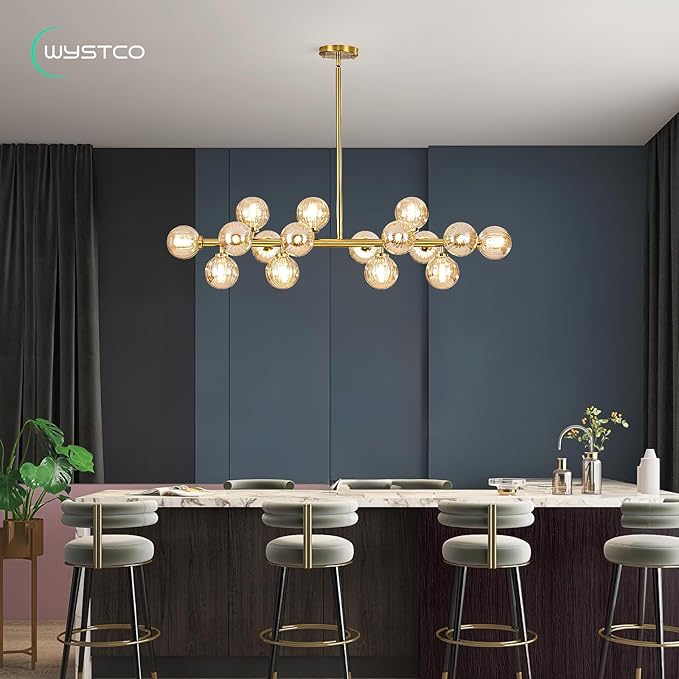 16-Light Globe Sputnik Chandelier, Linear Dining Room Light Fixture Over Table, Mid Century Modern Gold Chandeliers for Dining Living Room, Kitchen Island Lighting (Amber Bubble, 40 Inch)